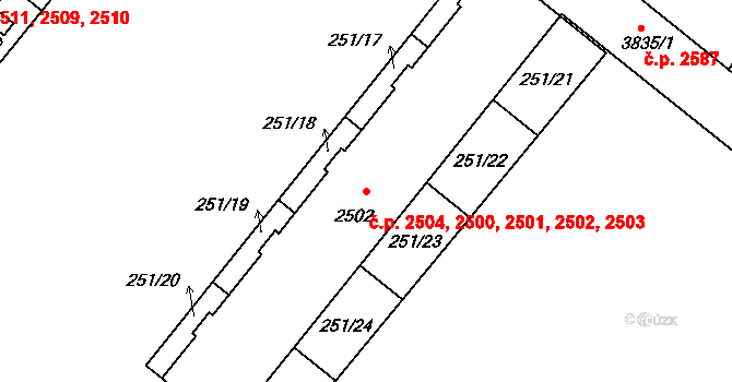 Břeclav 2500,2501,2502,2503, na parcele st. 2502 v KÚ Břeclav, Katastrální mapa