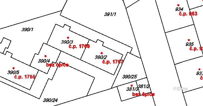 Černá Pole 1767, Brno na parcele st. 390/2 v KÚ Černá Pole, Katastrální mapa