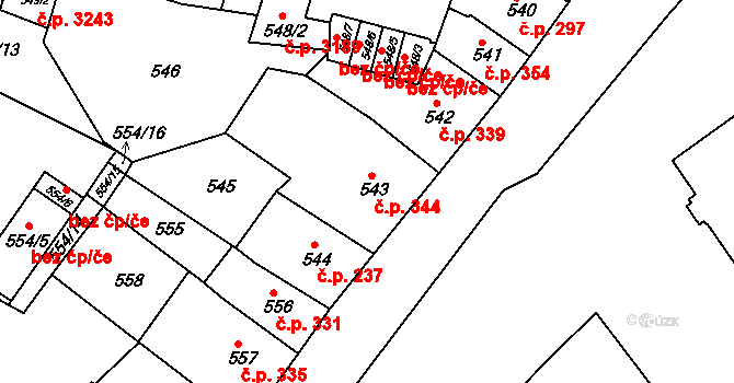 Teplice 344 na parcele st. 543 v KÚ Teplice, Katastrální mapa