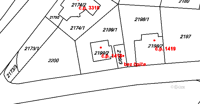 Záběhlice 1418, Praha na parcele st. 2199/2 v KÚ Záběhlice, Katastrální mapa