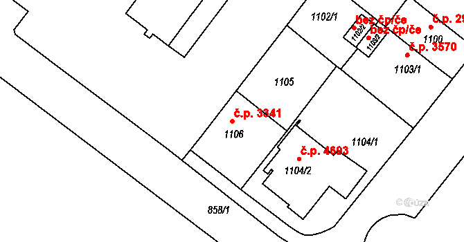 Chomutov 3341 na parcele st. 1106 v KÚ Chomutov II, Katastrální mapa