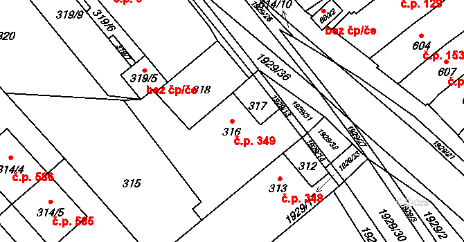 Zbýšov 349 na parcele st. 316 v KÚ Zbýšov u Oslavan, Katastrální mapa