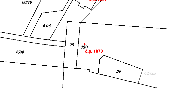 Litovel 1070 na parcele st. 30/1 v KÚ Chořelice, Katastrální mapa