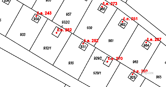 Hradčany 252 na parcele st. 931 v KÚ Hradčany u Tišnova, Katastrální mapa