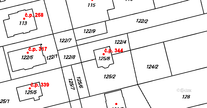 Chomoutov 344, Olomouc na parcele st. 125/8 v KÚ Chomoutov, Katastrální mapa