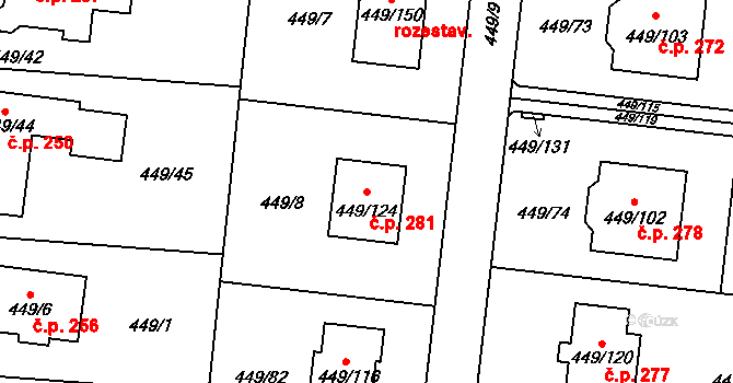 Bystrovany 281 na parcele st. 449/124 v KÚ Bystrovany, Katastrální mapa