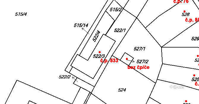 Novosedlice 533 na parcele st. 522/3 v KÚ Novosedlice, Katastrální mapa