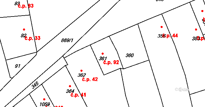 Netvořice 92 na parcele st. 361 v KÚ Netvořice, Katastrální mapa