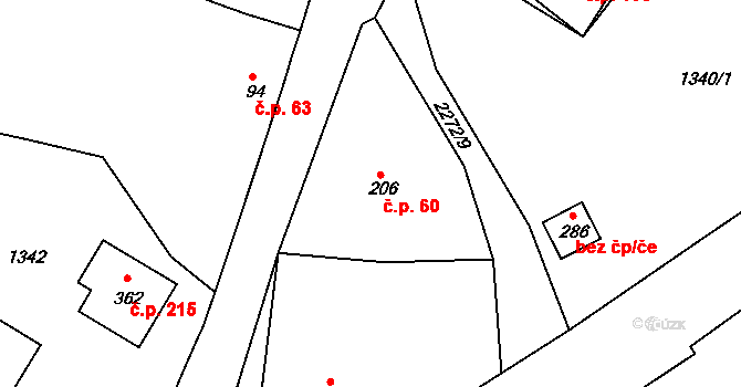 Vrchotovy Janovice 60 na parcele st. 206 v KÚ Vrchotovy Janovice, Katastrální mapa