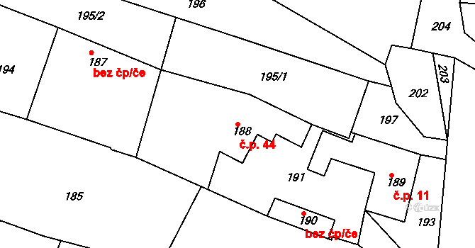 Klečůvka 44, Zlín na parcele st. 188 v KÚ Klečůvka, Katastrální mapa
