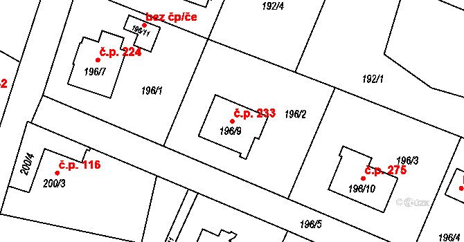 Bobrovníky 233, Hlučín na parcele st. 196/9 v KÚ Bobrovníky, Katastrální mapa