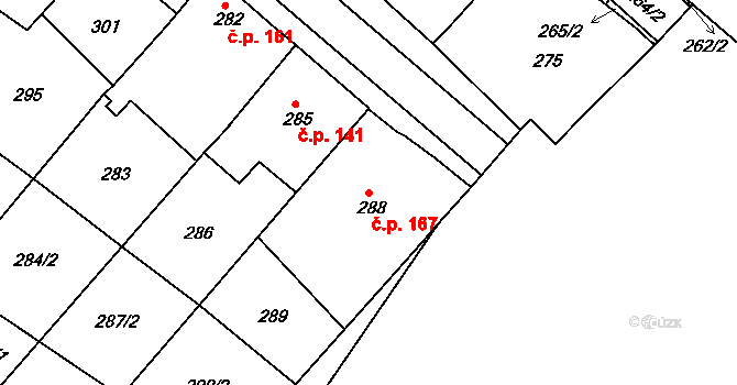 Huštěnovice 167 na parcele st. 288 v KÚ Huštěnovice, Katastrální mapa