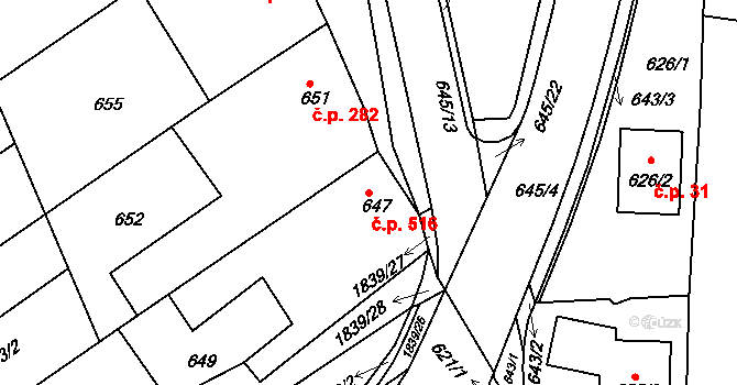 Buchlovice 516 na parcele st. 647/1 v KÚ Buchlovice, Katastrální mapa