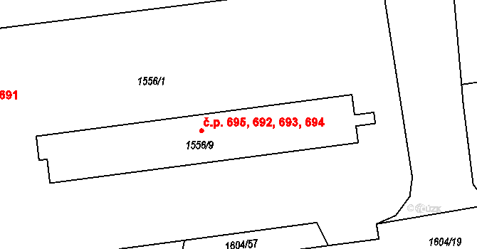 Pražské Předměstí 692,693,694,695, Jaroměř na parcele st. 1556/9 v KÚ Jaroměř, Katastrální mapa