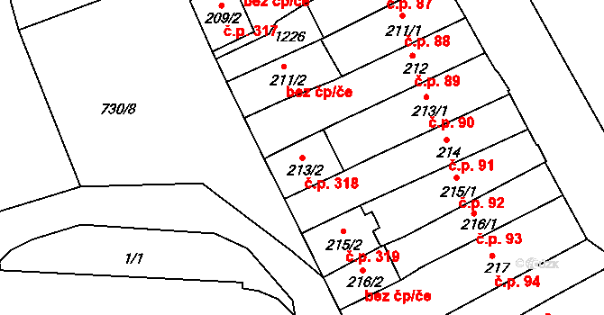 Broumov 318 na parcele st. 213/2 v KÚ Broumov, Katastrální mapa