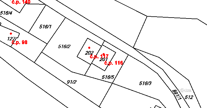 Rokytník 116, Hronov na parcele st. 201 v KÚ Rokytník, Katastrální mapa