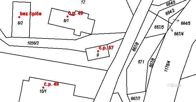Čestice 57 na parcele st. 9 v KÚ Čestice u Častolovic, Katastrální mapa
