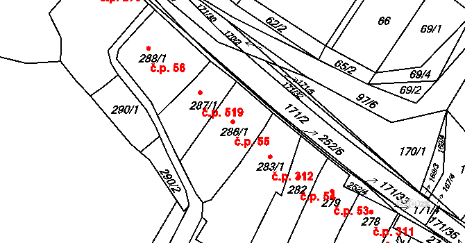 Koryčany 55 na parcele st. 286/1 v KÚ Koryčany, Katastrální mapa