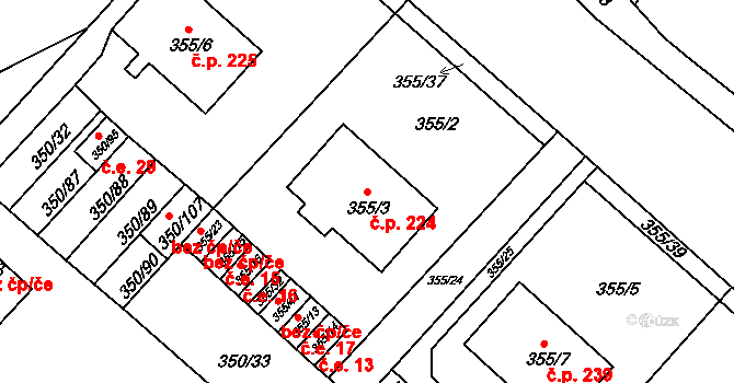 Dobšice 224 na parcele st. 355/3 v KÚ Dobšice u Znojma, Katastrální mapa