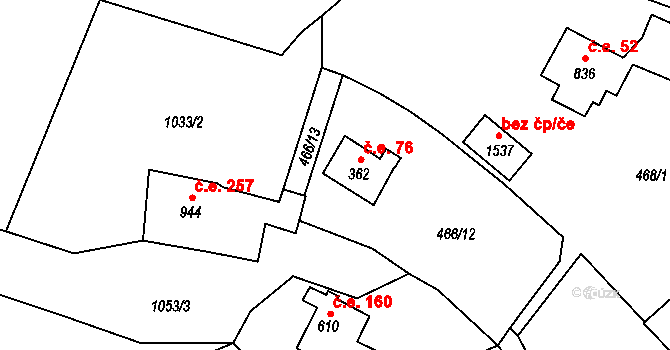 Vranov nad Dyjí 76 na parcele st. 362 v KÚ Vranov nad Dyjí, Katastrální mapa