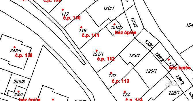 Moravský Krumlov 112 na parcele st. 121/1 v KÚ Moravský Krumlov, Katastrální mapa