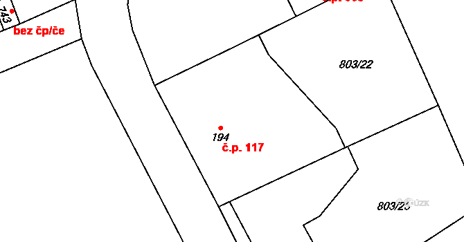 Kokonín 117, Jablonec nad Nisou na parcele st. 194 v KÚ Kokonín, Katastrální mapa