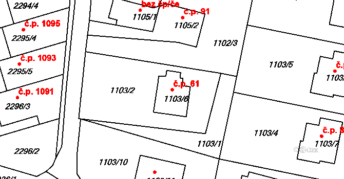 Lyžbice 61, Třinec na parcele st. 1103/6 v KÚ Lyžbice, Katastrální mapa