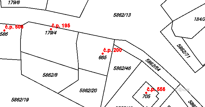 Dambořice 200 na parcele st. 665 v KÚ Dambořice, Katastrální mapa