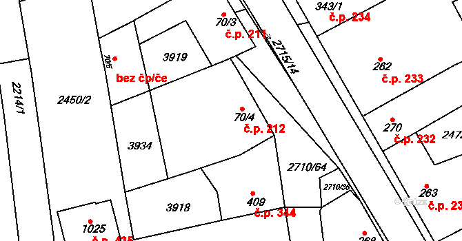 Milotice 212 na parcele st. 70/4 v KÚ Milotice u Kyjova, Katastrální mapa