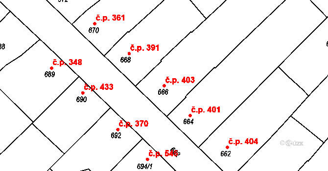 Moravský Písek 403 na parcele st. 666 v KÚ Moravský Písek, Katastrální mapa