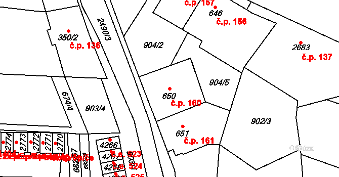 Kyjov 160 na parcele st. 650 v KÚ Kyjov, Katastrální mapa