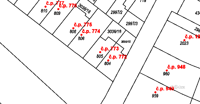 Kyjov 773 na parcele st. 805 v KÚ Kyjov, Katastrální mapa