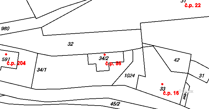 Doubravčice 56 na parcele st. 34/2 v KÚ Doubravčice, Katastrální mapa