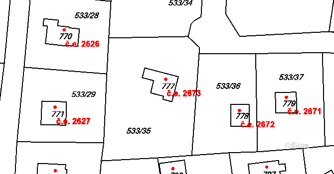 Těptín 2673, Kamenice na parcele st. 777 v KÚ Těptín, Katastrální mapa