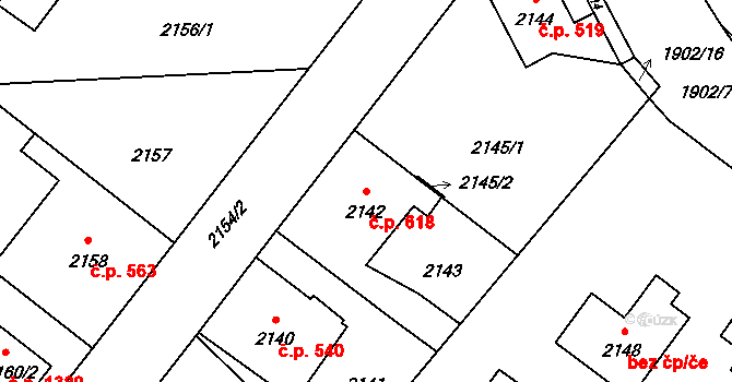 Úvaly 618 na parcele st. 2142 v KÚ Úvaly u Prahy, Katastrální mapa