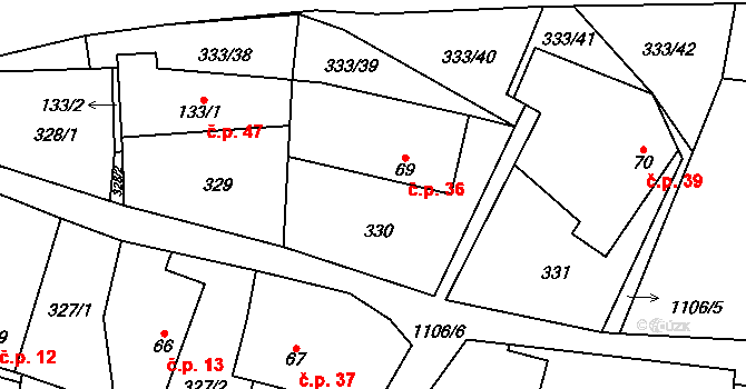 Hrdoňovice 36, Újezd pod Troskami na parcele st. 69 v KÚ Újezd pod Troskami, Katastrální mapa