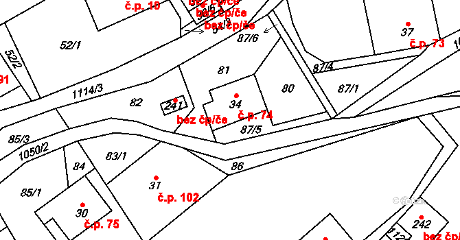 Vrchovina 74, Nová Paka na parcele st. 34 v KÚ Vrchovina, Katastrální mapa