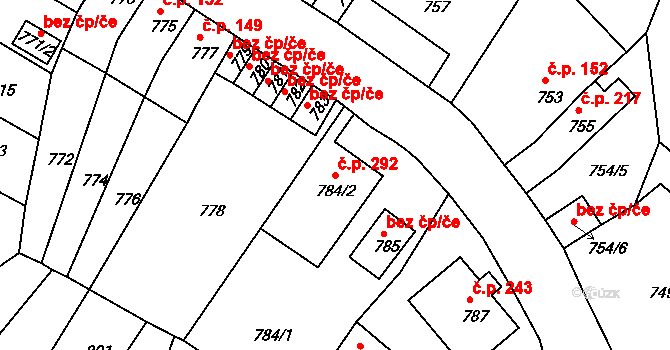 Bystřany 292 na parcele st. 784/2 v KÚ Bystřany, Katastrální mapa