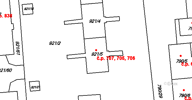 Chrlice 705,706,707, Brno na parcele st. 921/5 v KÚ Chrlice, Katastrální mapa