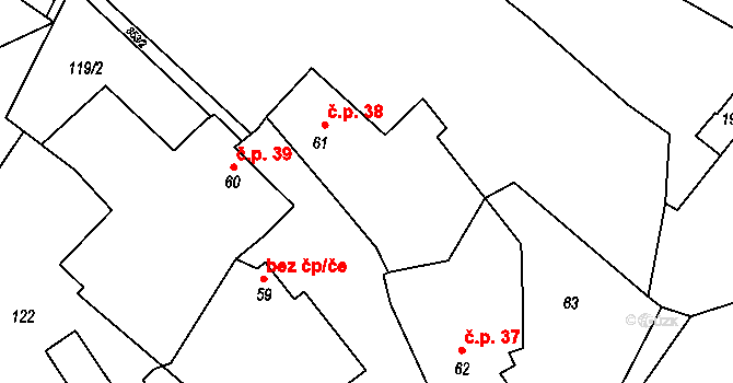 Drahobudice 38 na parcele st. 61 v KÚ Drahobudice, Katastrální mapa