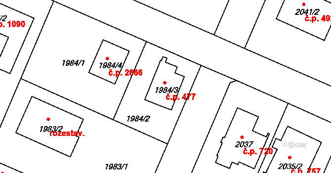 Újezd nad Lesy 477, Praha na parcele st. 1984/3 v KÚ Újezd nad Lesy, Katastrální mapa
