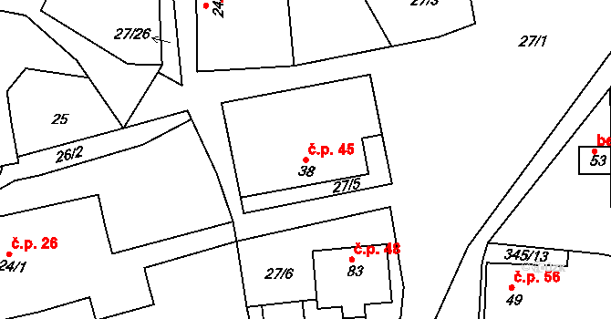 Káciň 45, Dolní Hbity na parcele st. 38 v KÚ Káciň, Katastrální mapa