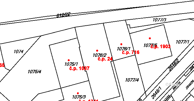 Kuřim 24 na parcele st. 1076/2 v KÚ Kuřim, Katastrální mapa