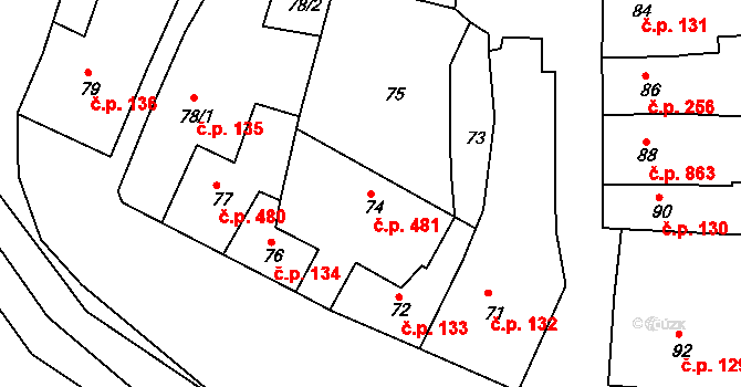 Dolní Kounice 481 na parcele st. 74/1 v KÚ Dolní Kounice, Katastrální mapa