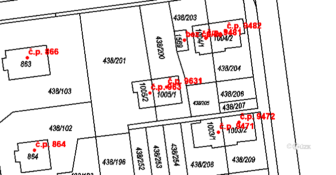 Otrokovice 9631 na parcele st. 1005/1 v KÚ Otrokovice, Katastrální mapa