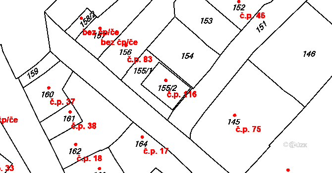 Tetětice 116, Počenice-Tetětice na parcele st. 155/2 v KÚ Tetětice, Katastrální mapa
