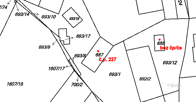 Žebětín 227, Brno na parcele st. 687 v KÚ Žebětín, Katastrální mapa
