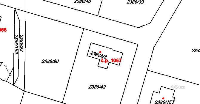 Zruč nad Sázavou 1067 na parcele st. 2386/88 v KÚ Zruč nad Sázavou, Katastrální mapa