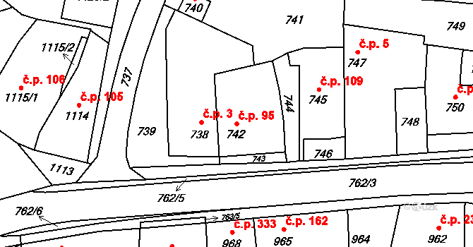 Slušovice 95 na parcele st. 742 v KÚ Slušovice, Katastrální mapa