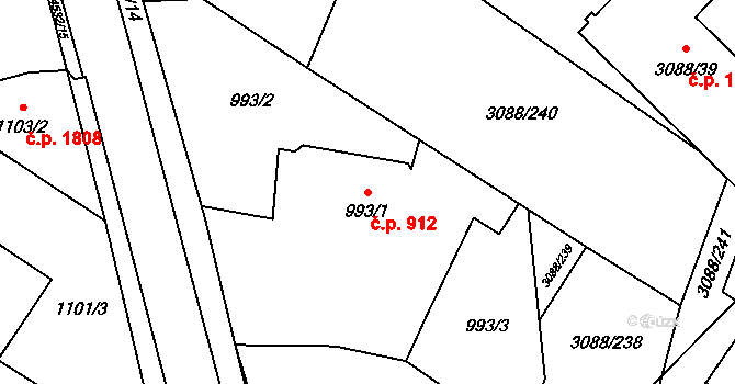 Hlučín 912 na parcele st. 993/1 v KÚ Hlučín, Katastrální mapa
